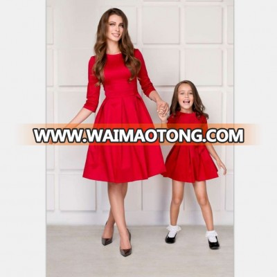 2018 Mother and Daughter Dresses Sleeveless Cute Bow Short Mini Skirt Wine Red