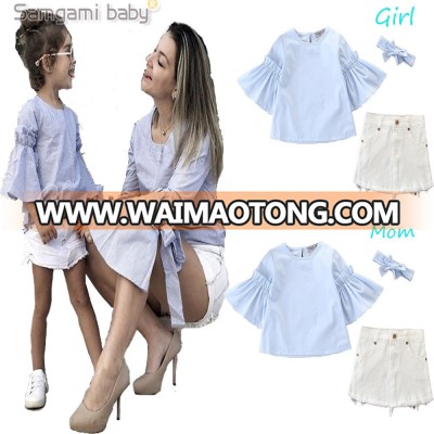 2018 Summer hot style parent-child outfit Flared sleeved tops + denim skirts for mother and daughter