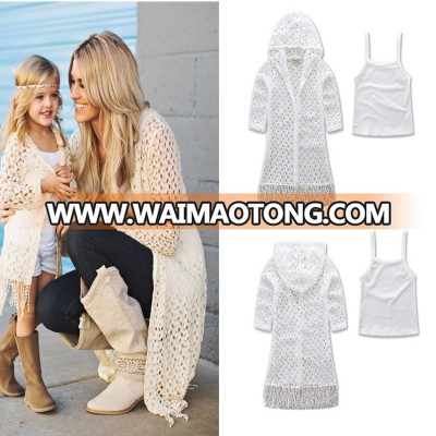 2017 European Style Family Clothing Set Lace Crochet Coat+Cotton Tank Top 2 Pcs Fashion Mother And Baby Clothes With Tassels win