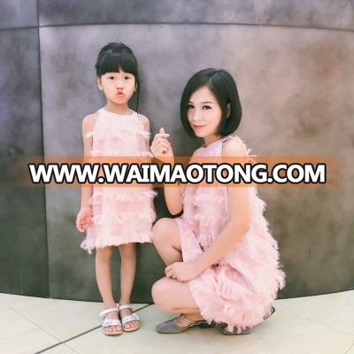 2018 new style parent-child dress mother and daughter dress chiffon a-line skirt sleeveless hanging neck dress tassel halter ski