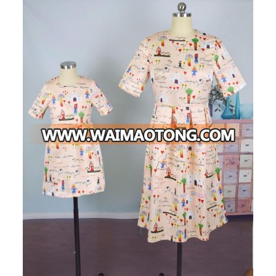 2018Printed round-neck short-sleeve dress for mother and daughter matching dresses